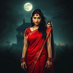 A cinematic action horror film poster featuring a woman in a striking red saree and blouse with red bangles on each hand