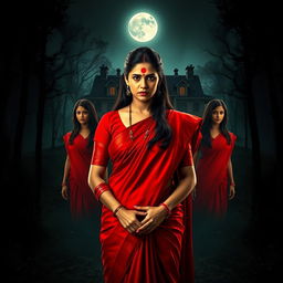 A cinematic action horror film poster featuring a woman in a striking red saree and blouse with red bangles on each hand