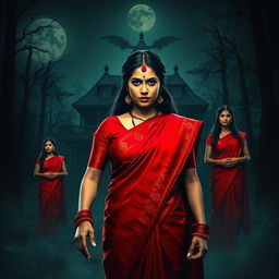 A cinematic action horror film poster featuring a woman in a vibrant red saree and blouse adorned with matching red bangles on each hand