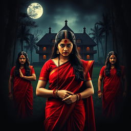 A cinematic action horror film poster featuring a woman in a vibrant red saree and blouse adorned with matching red bangles on each hand