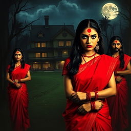 A cinematic action horror film poster featuring a woman in a vibrant red saree and blouse adorned with matching red bangles on each hand