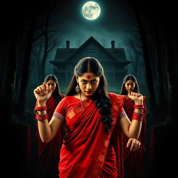 A cinematic action horror film poster featuring a woman in a vibrant red saree and blouse adorned with matching red bangles on each hand