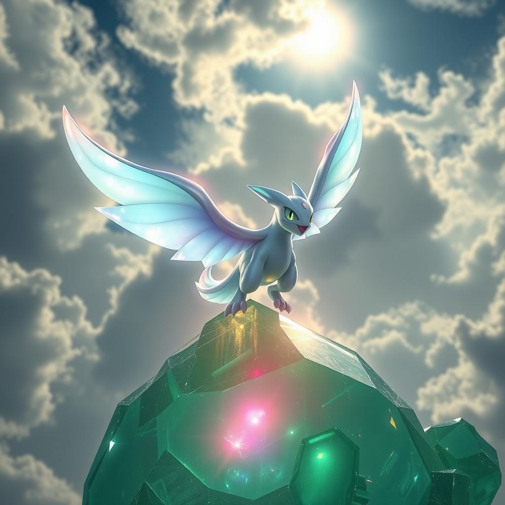 A shiny Roaring Moon Pokémon soaring majestically over a large green crystal