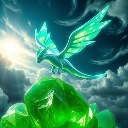 A shiny Roaring Moon Pokémon soaring majestically over a large green crystal