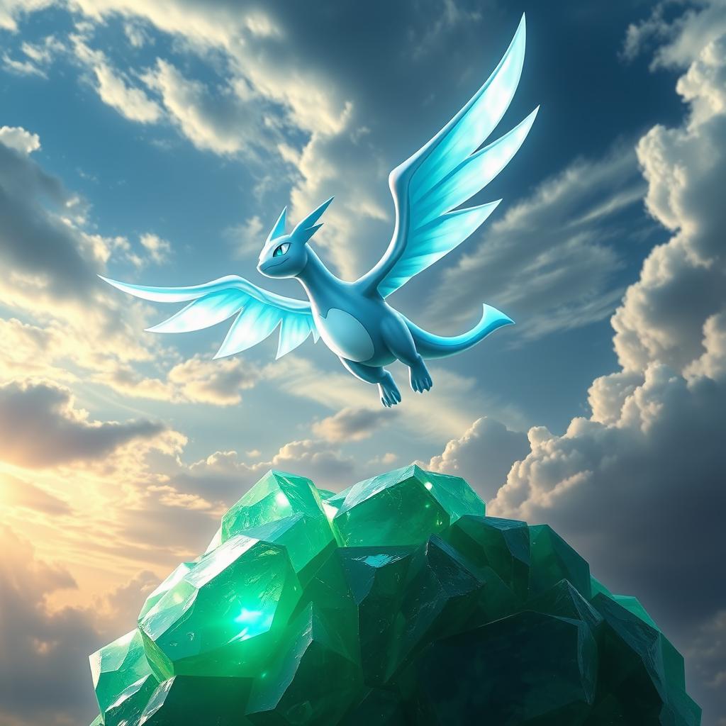 A shiny Roaring Moon Pokémon soaring majestically over a large green crystal