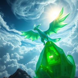 A shiny Roaring Moon Pokémon soaring majestically over a large green crystal