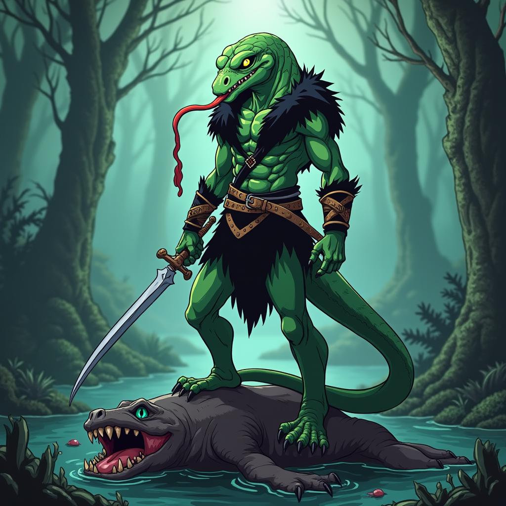 An anime cartoon style illustration inspired by One Piece, depicting a dark green gecko lizardman with smooth scales and vivid cyan lizard eyes that shine with intensity