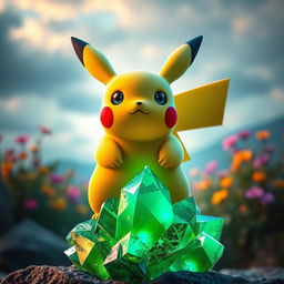 An evolved Pikachu standing proudly over a large green crystal