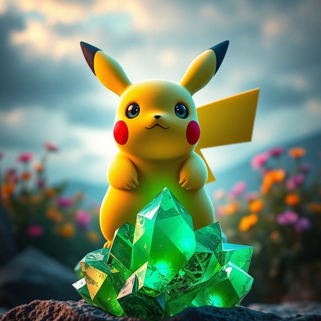 An evolved Pikachu standing proudly over a large green crystal