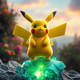 An evolved Pikachu standing proudly over a large green crystal