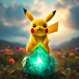 An evolved Pikachu standing proudly over a large green crystal