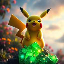 An evolved Pikachu standing proudly over a large green crystal