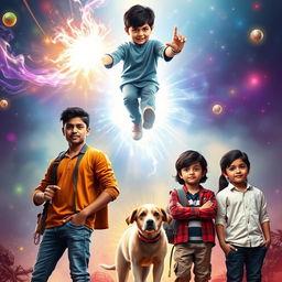 An action fantasy magical film poster featuring three modern Indian boys standing on the right side and three modern girls on the left side, all dressed in trendy attire