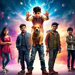 An action fantasy magical film poster featuring three modern Indian boys standing on the right side and three modern girls on the left side, all dressed in trendy attire