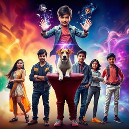 An action fantasy magical film poster featuring three modern Indian boys standing on the right side and three modern girls on the left side, all dressed in trendy attire