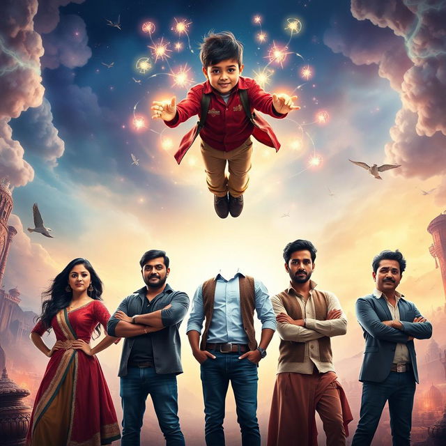 An action fantasy magical film poster featuring three modern Indian men standing confidently on the right side and three modern women on the left side, all dressed in stylish contemporary fashion