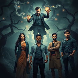 A fantasy dark magical film poster featuring three modern Indian men standing confidently on the right side and three modern women on the left side, all dressed in stylish, contemporary outfits with a hint of dark elegance