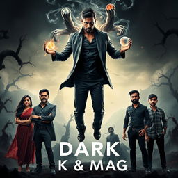 A fantasy dark magical film poster featuring three modern Indian men standing confidently on the right side and three modern women on the left side, all dressed in stylish, contemporary outfits with a hint of dark elegance