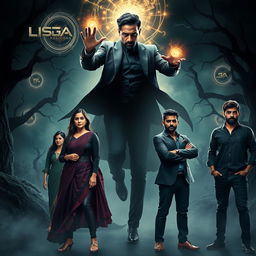 A fantasy dark magical film poster featuring three modern Indian men standing confidently on the right side and three modern women on the left side, all dressed in stylish, contemporary outfits with a hint of dark elegance