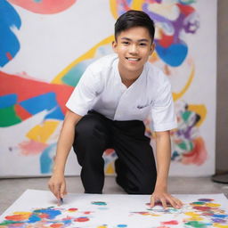 Anime-style Filipino boy in white uniform and black pants, exhibiting culturally significant traits or elements, engaged in creating a colorful artwork on a canvas with a dynamic, colorful backdrop.