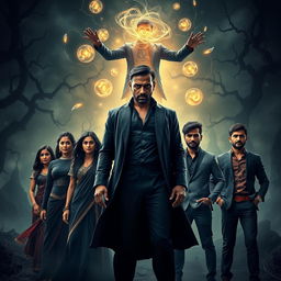 A fantasy dark magical film poster featuring three modern Indian men standing confidently on the right side and three modern women on the left side, all dressed in stylish, contemporary outfits with a hint of dark elegance