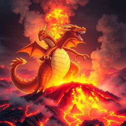 A Godzilla-sized Mega Charizard X powerfully stomping on an active volcano, causing the volcano to erupt with bright and glowing lava