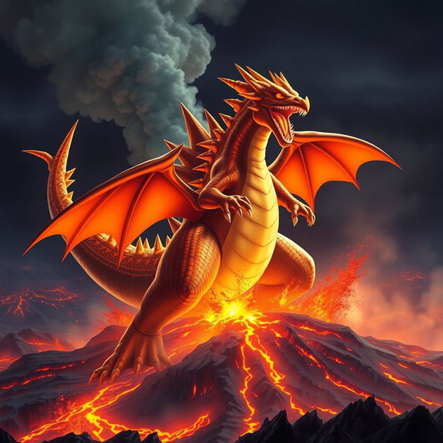 A Godzilla-sized Mega Charizard X powerfully stomping on an active volcano, causing the volcano to erupt with bright and glowing lava