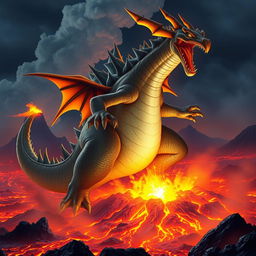 A Godzilla-sized Mega Charizard X powerfully stomping on an active volcano, causing the volcano to erupt with bright and glowing lava