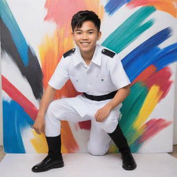 Anime-style Filipino boy in white uniform and black pants, exhibiting culturally significant traits or elements, engaged in creating a colorful artwork on a canvas with a dynamic, colorful backdrop.