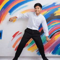 Anime-style Filipino boy in white uniform and black pants, exhibiting culturally significant traits or elements, engaged in creating a colorful artwork on a canvas with a dynamic, colorful backdrop.