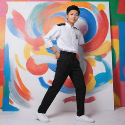 Anime-style Filipino boy in white uniform and black pants, exhibiting culturally significant traits or elements, engaged in creating a colorful artwork on a canvas with a dynamic, colorful backdrop.