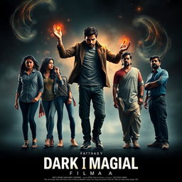 A fantasy dark magical film poster featuring three modern Indian men standing on the right side