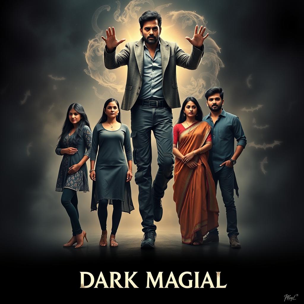 A fantasy dark magical film poster featuring three modern Indian men standing on the right side