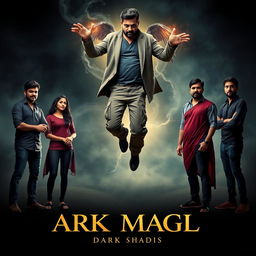 A fantasy dark magical film poster featuring three modern Indian men standing on the right side