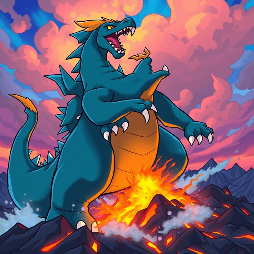 A Godzilla-sized Mega Charizard X in a dynamic Pokémon style, powerfully stomping on an active volcano, causing lava to spew brightly and glow in vibrant colors