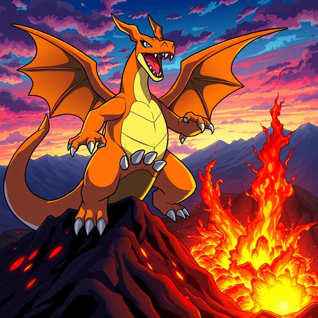 A Godzilla-sized Mega Charizard X in a dynamic Pokémon style, powerfully stomping on an active volcano, causing lava to spew brightly and glow in vibrant colors