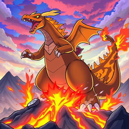 A Godzilla-sized Mega Charizard X in a dynamic Pokémon style, powerfully stomping on an active volcano, causing lava to spew brightly and glow in vibrant colors