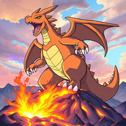 A Godzilla-sized Mega Charizard X in a dynamic Pokémon style, powerfully stomping on an active volcano, causing lava to spew brightly and glow in vibrant colors