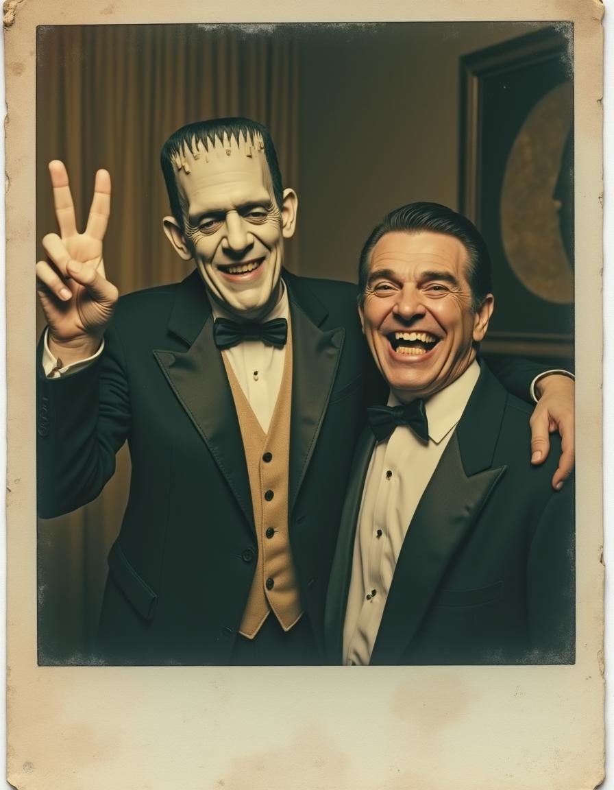 A vintage Polaroid photo featuring Frankenstein grinning broadly while throwing a peace sign with one hand, and his arm thrown around his best friend, Count Dracula