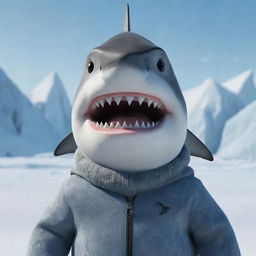 A shark with a face showing strong, animated expressions, dressed in winter clothing set against the backdrop of Frozen's icy and snowy landscapes.