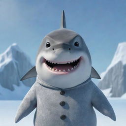 A shark with a face showing strong, animated expressions, dressed in winter clothing set against the backdrop of Frozen's icy and snowy landscapes.