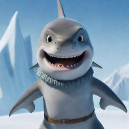 A shark with a face showing strong, animated expressions, dressed in winter clothing set against the backdrop of Frozen's icy and snowy landscapes.