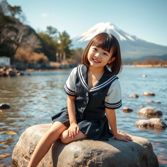 A cute Japanese girl in a school uniform with open buttons, playfully showcasing a hint of cleavage while smiling and biting her lip