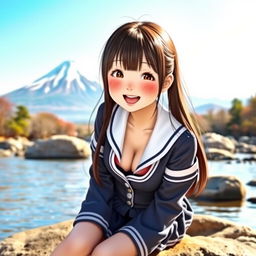 A cute Japanese girl in a school uniform with open buttons, playfully showcasing a hint of cleavage while smiling and biting her lip