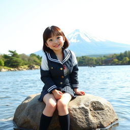 A cute Japanese girl in a school uniform with open buttons, playfully showcasing a hint of cleavage while smiling and biting her lip