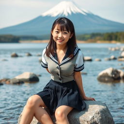 A cute Japanese girl in a school uniform with open buttons, playfully showcasing a hint of cleavage while smiling and biting her lip