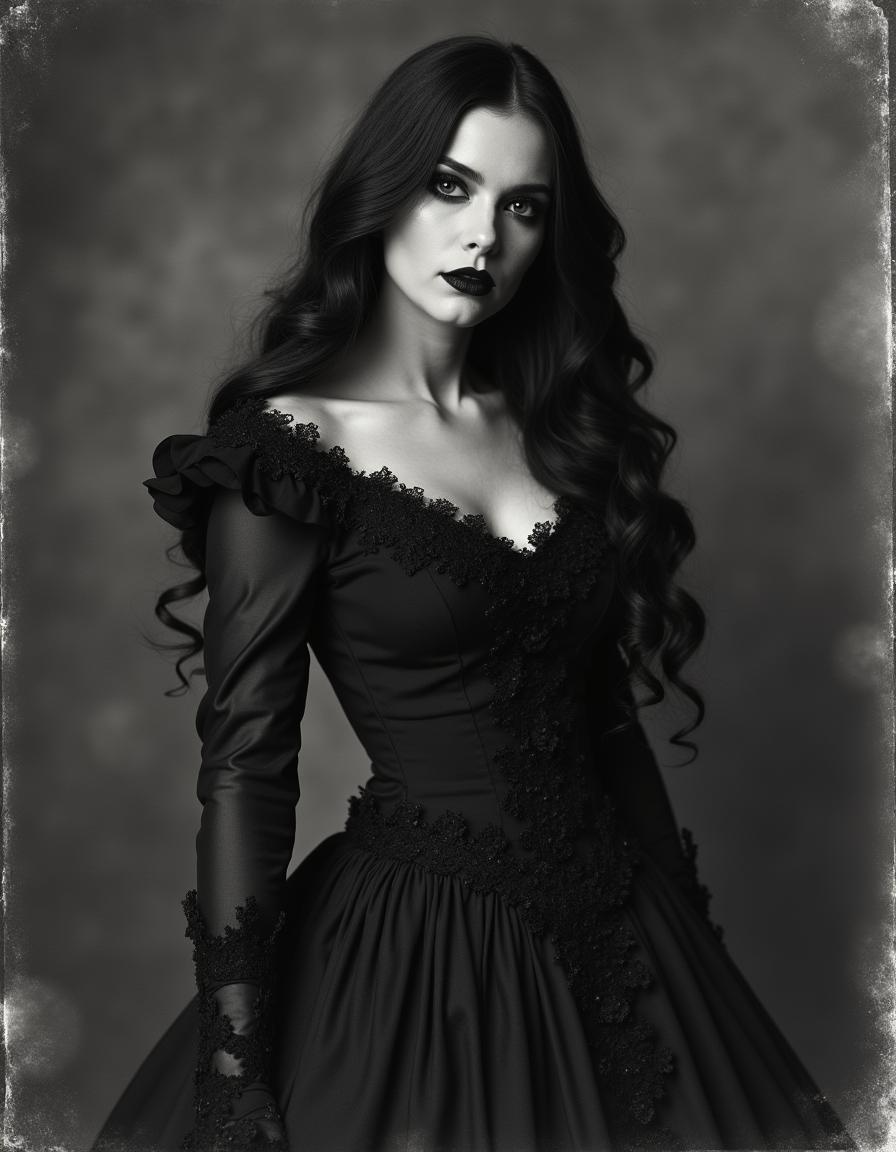 A Victorian vampire duchess, elegantly dressed in a dark, intricately designed gown typical of the Victorian era, exuding an otherworldly allure