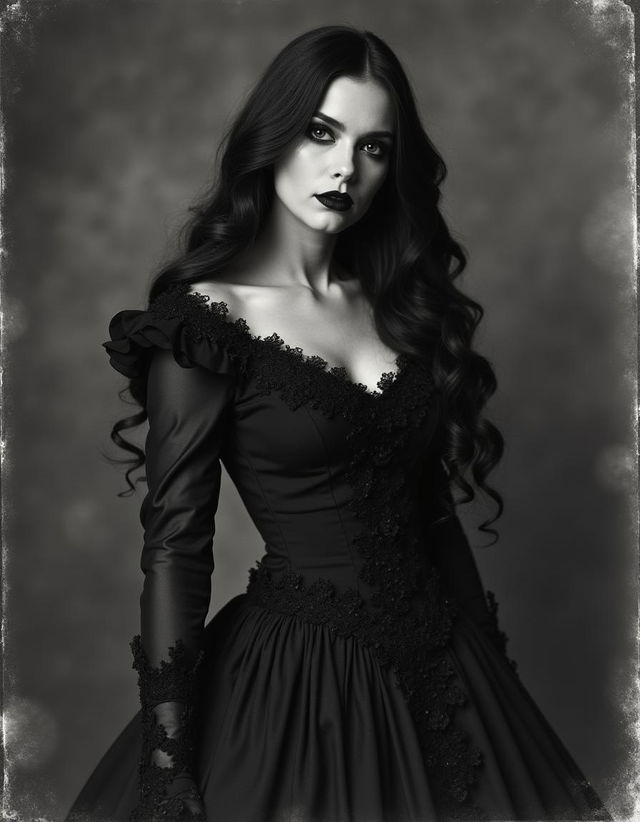 A Victorian vampire duchess, elegantly dressed in a dark, intricately designed gown typical of the Victorian era, exuding an otherworldly allure