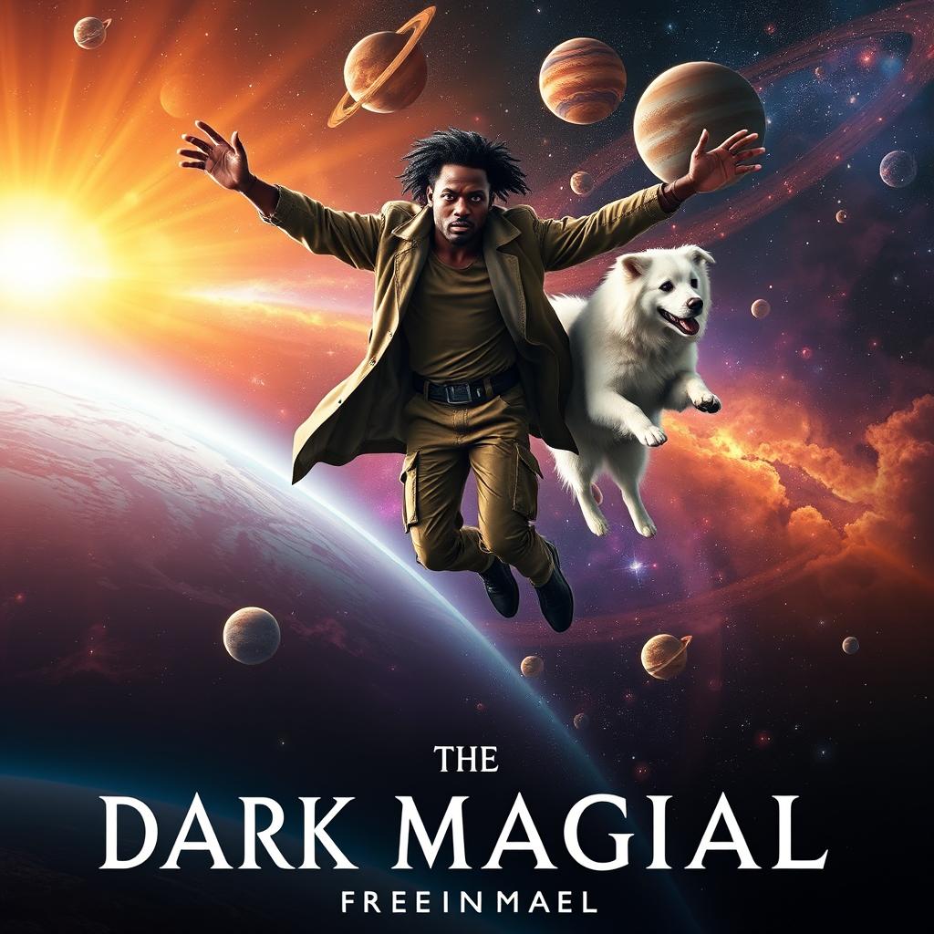 A fantasy dark magical film poster featuring a dark-skinned man soaring through a vibrant solar system, showcasing his magical powers