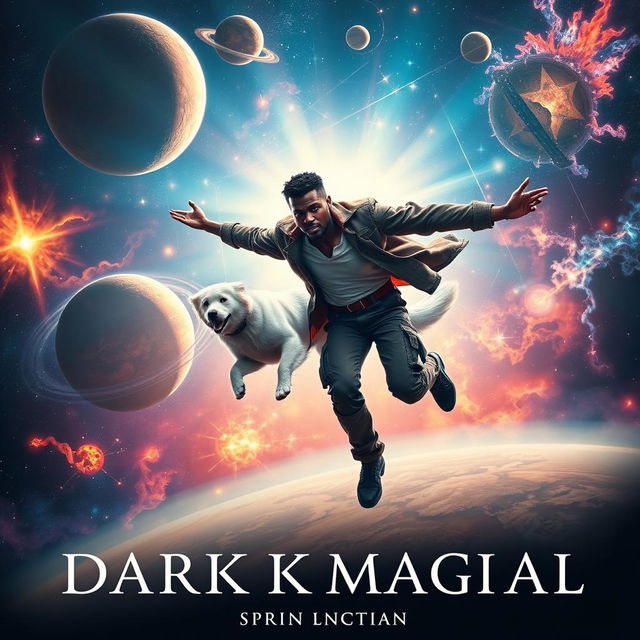 A fantasy dark magical film poster featuring a dark-skinned man soaring through a vibrant solar system, showcasing his magical powers